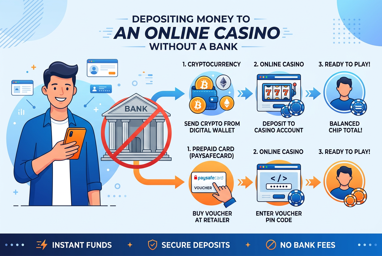 Diagram procesu vkladu peněz do online kasina bez banky pomocí kryptoměn a Paysafecard