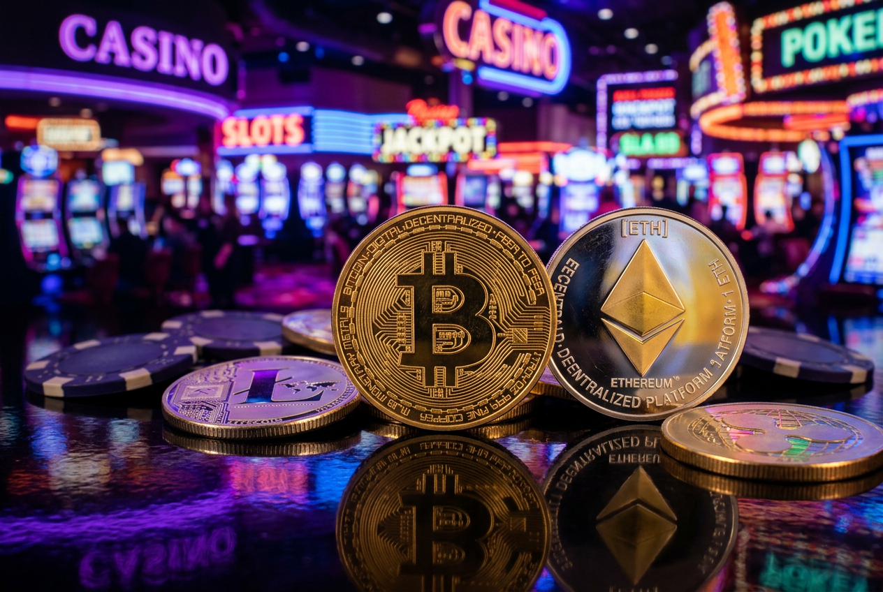Detailní záběr na krypto mince Bitcoin a Ethereum v neonovém kasinu