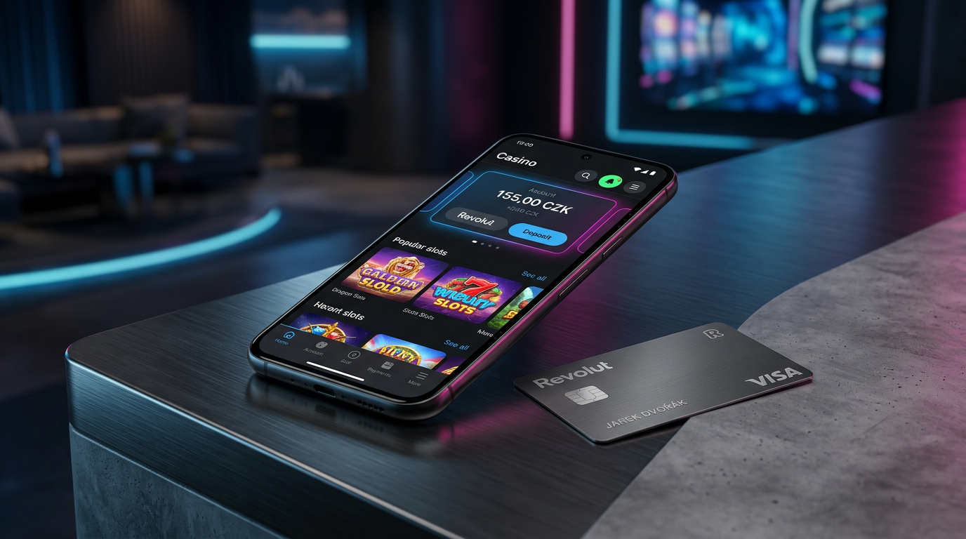 Smartphone s kasinovou aplikací a platební kartou Revolut Metal
