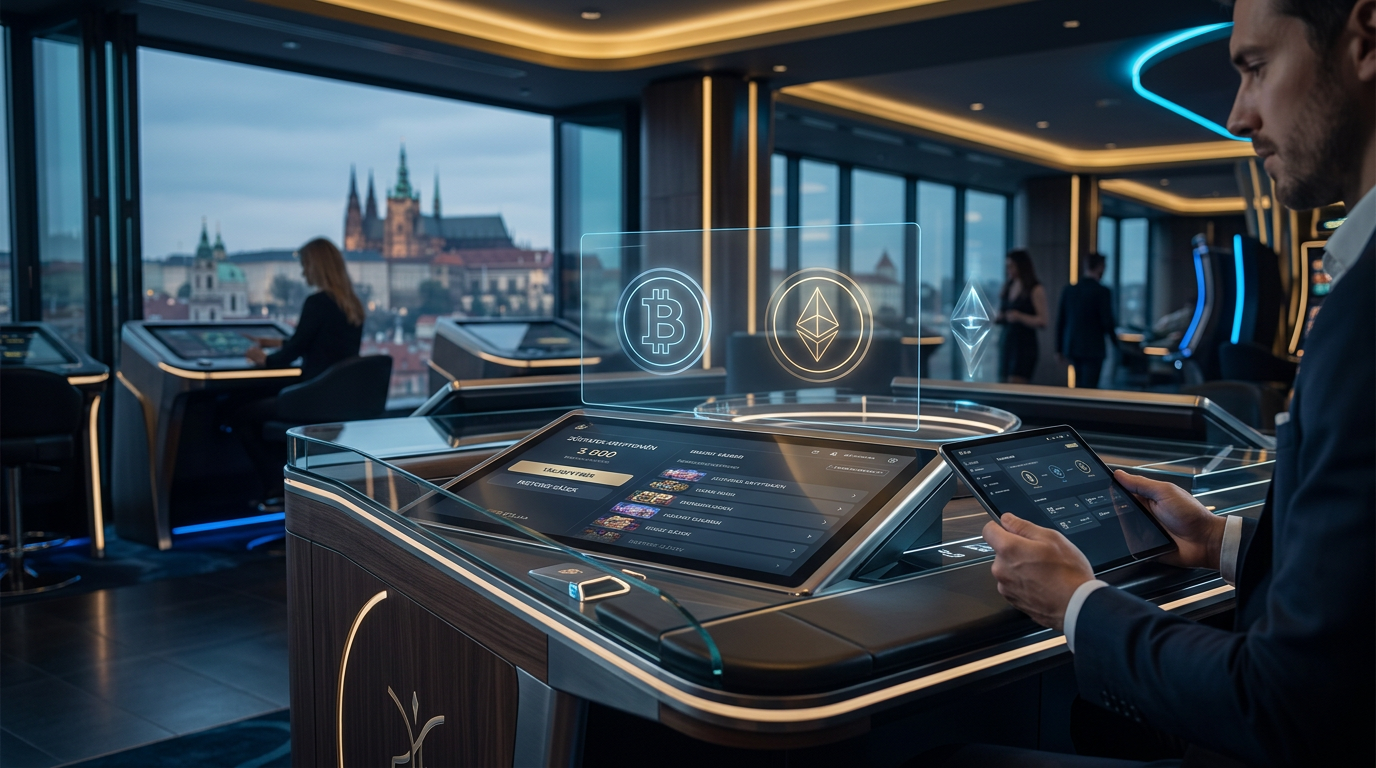 Futuristické digitální rozhraní krypto kasina s holografickými symboly kryptoměn
