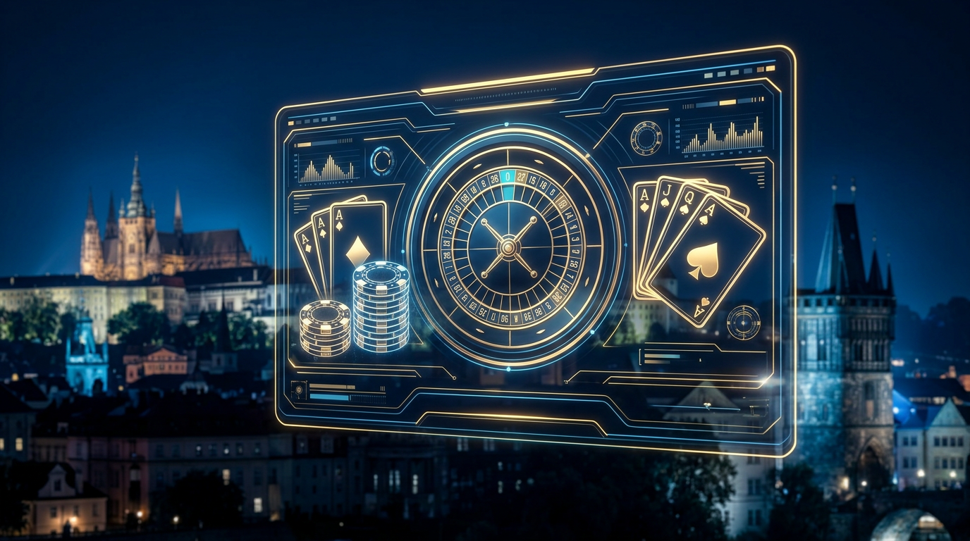 Futuristické rozhraní online kasina s panoramatem Prahy a herními prvky