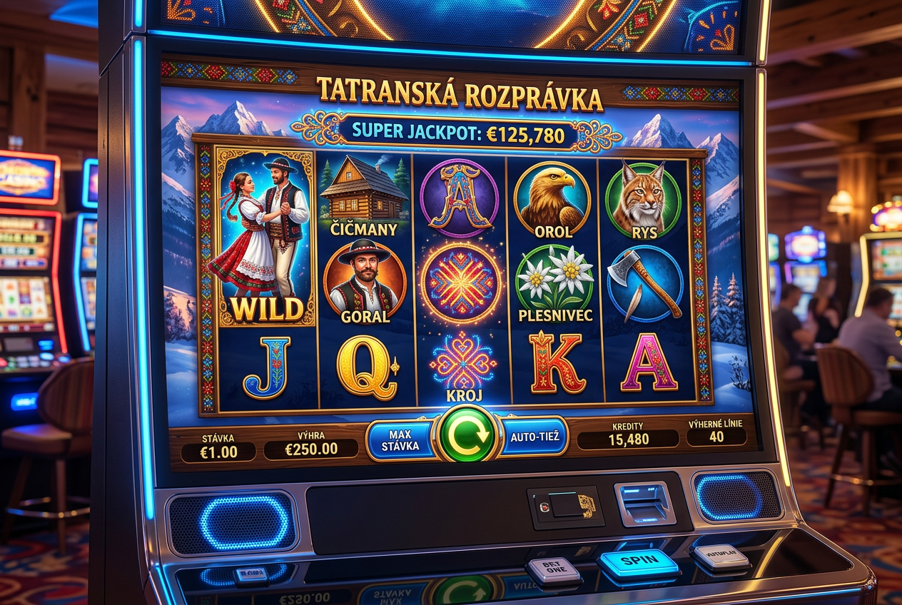 Detailní pohled na moderní herní automat s přírodní tematikou