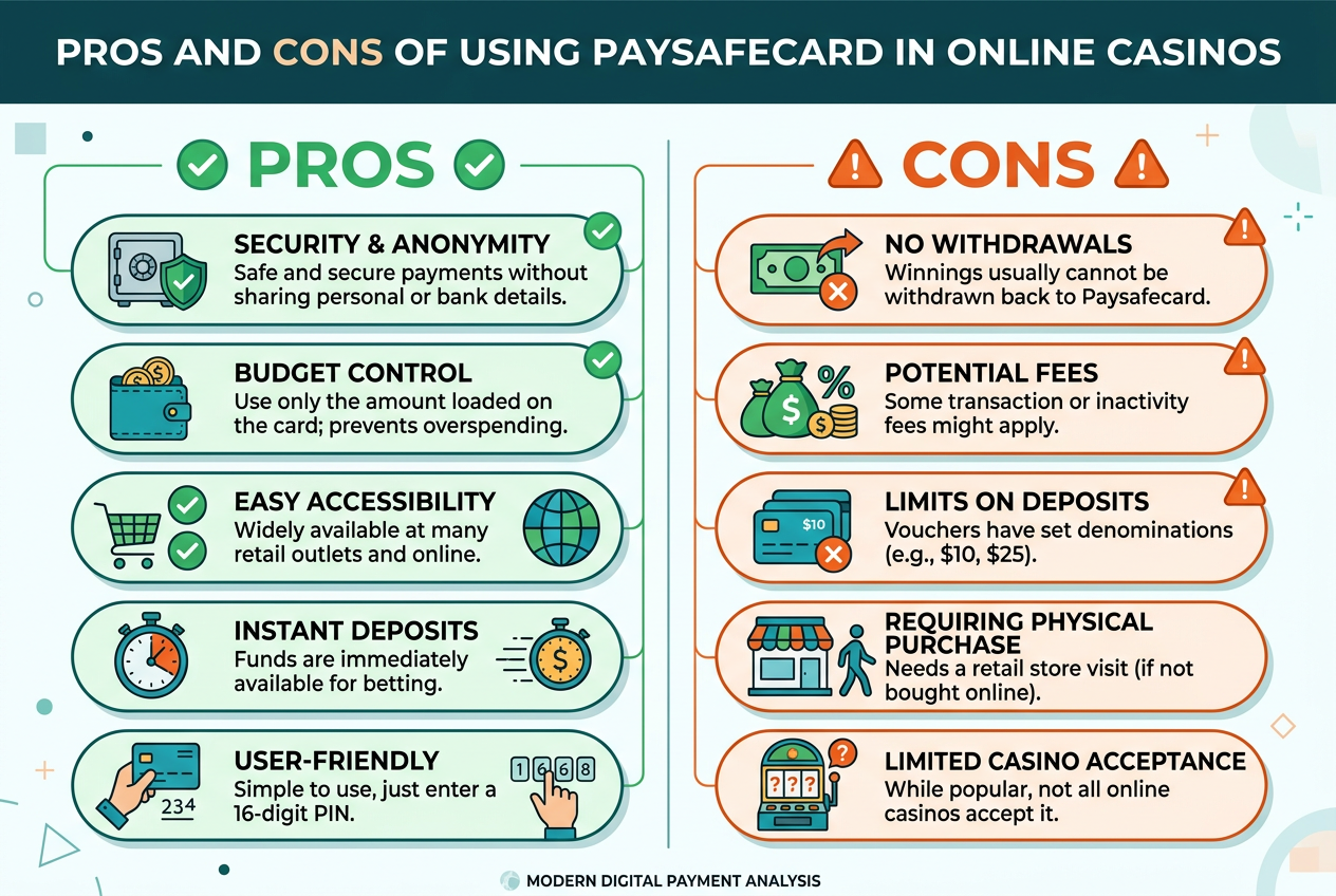 Infografika srovnávající výhody a nevýhody platební metody Paysafecard v online kasinech